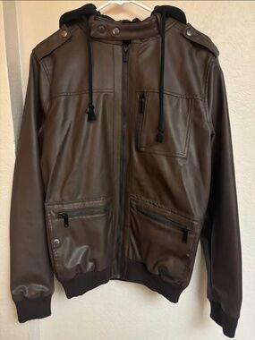 KR3W Men’s Faux Leather Brown Bomber Jacket - Size Small